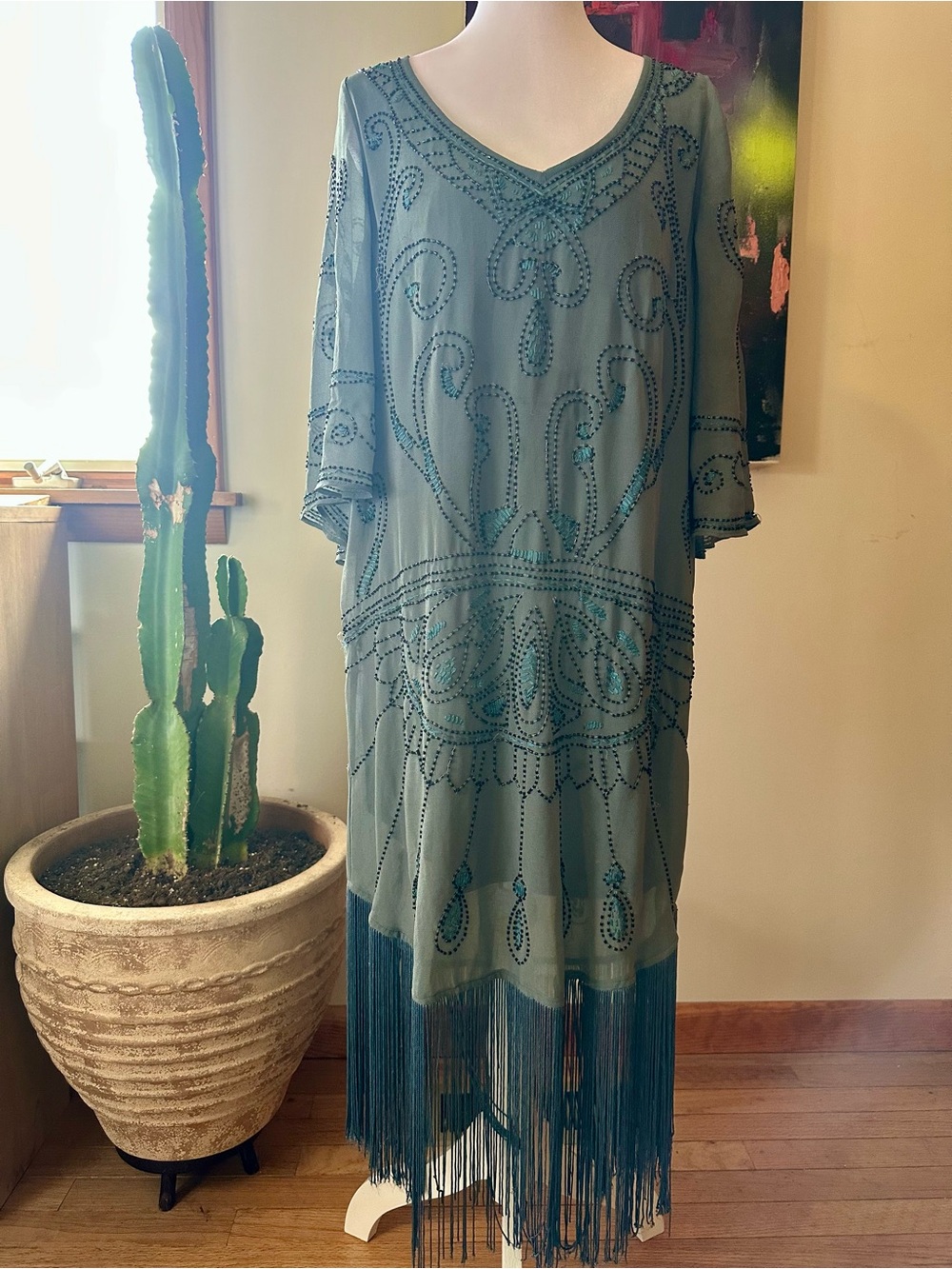Free People Beaded Fringe Grey Dress